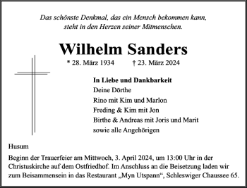 Traueranzeige von Wilhelm Sanders von Husumer Nachrichten