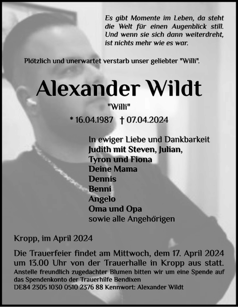  Traueranzeige für Alexander Wildt vom 13.04.2024 aus Schleswiger Nachrichten