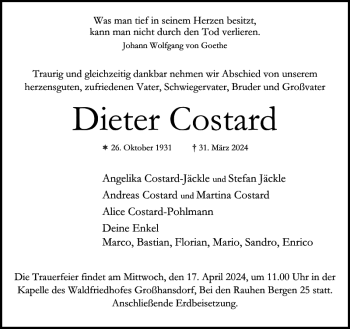 Traueranzeige von Dieter Costard von Stormarner Tageblatt
