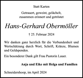 Traueranzeige von Hans-Gerhard Obermöller von Landeszeitung