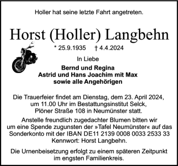 Traueranzeige von Horst Holler Langbehn von Holsteinischer Courier