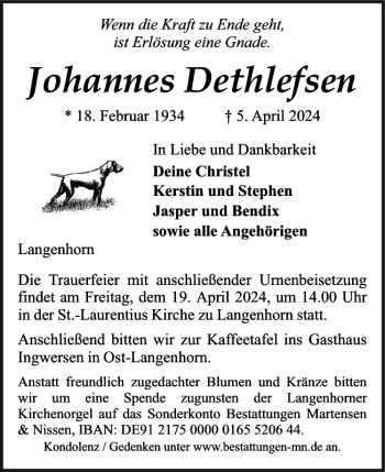 Traueranzeige von Johannes Dethlefsen von Husumer Nachrichten