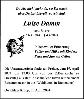 Traueranzeige von Luise Damm von Landeszeitung