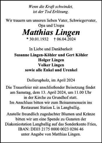Traueranzeige von Matthias Lingen von Flensburger Tageblatt