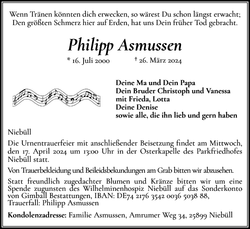  Traueranzeige für Philipp Asmussen vom 10.04.2024 aus Husumer Nachrichten