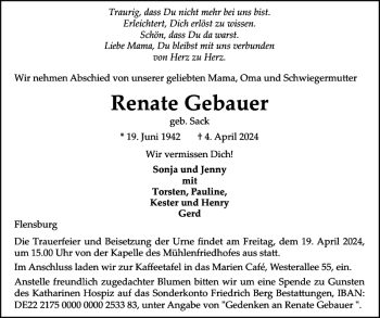 Traueranzeige von Renate Gebauer von Flensburger Tageblatt