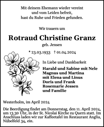 Traueranzeige von Rotraud Christine Granz von Flensburger Tageblatt
