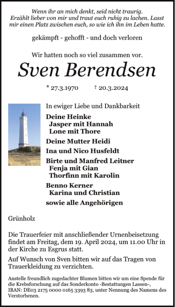  Traueranzeige für Sven Berendsen vom 06.04.2024 aus Flensburger Tageblatt