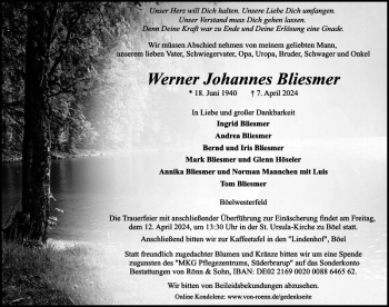 Traueranzeige von Werner Johannes Bliesmer von Flensburger Tageblatt