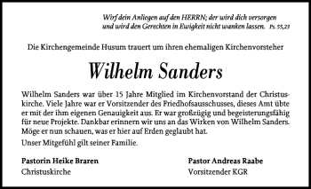 Traueranzeige von Wilhelm Sanders von Husumer Nachrichten