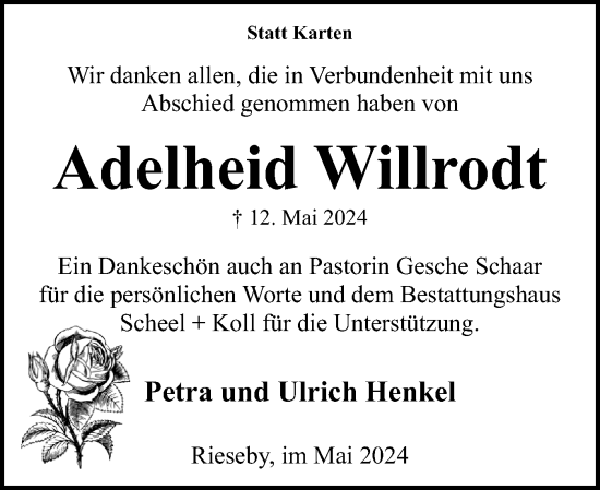 Traueranzeige von Adelheid Willrodt von Eckernförder Zeitung, Hallo Eckernförde