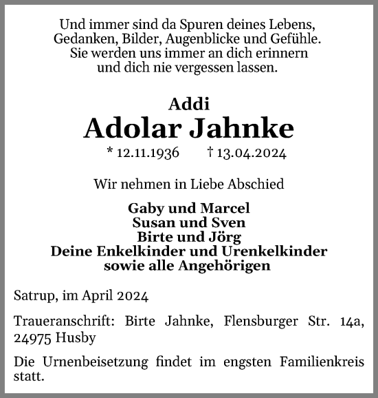 Traueranzeige von Adolar Jahnke von Flensburger Tageblatt