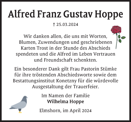 Traueranzeige von Alfred Franz Gustav Hoppe von Elmshorner Nachrichten, Barmstedter Zeitung