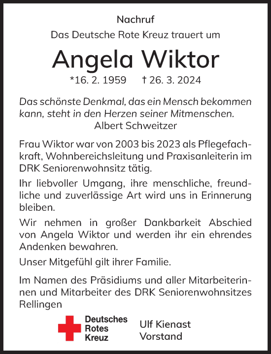 Traueranzeige von Angela Wiktor von Region Pinneberg und tip Pinneberg