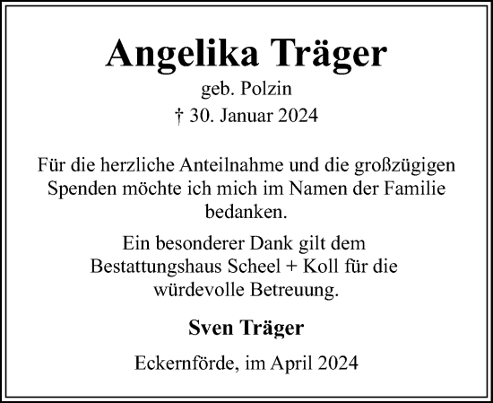 Traueranzeige von Angelika Träger von Eckernförder Zeitung, Hallo Eckernförde