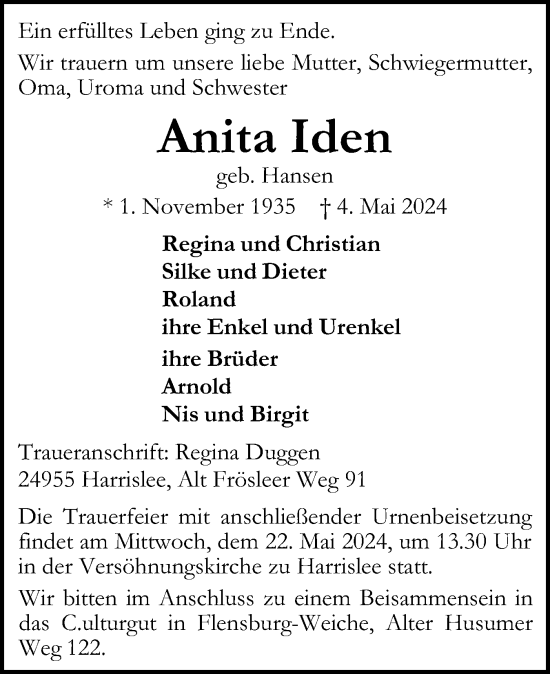 Traueranzeige von Anita Iden von Flensburger Tageblatt