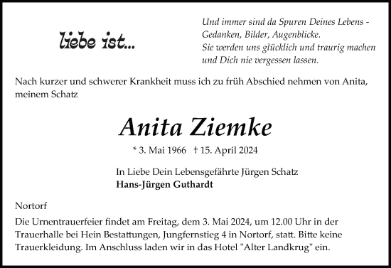 Traueranzeige von Anita Ziemke von Schleswig-Holsteinische Landeszeitung