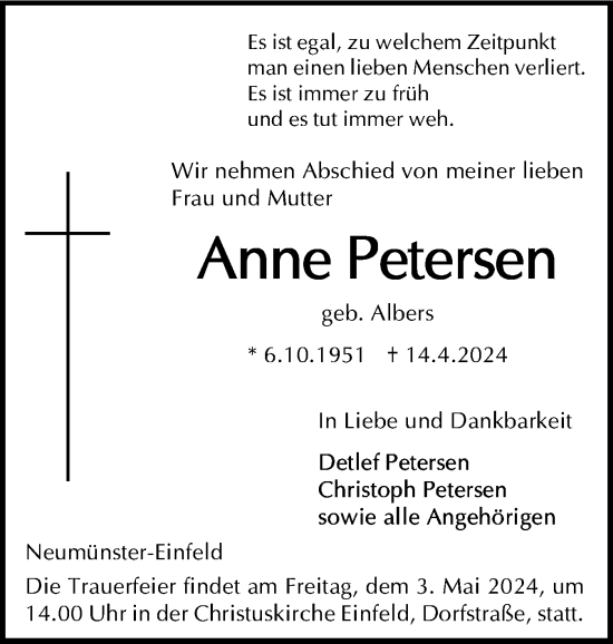 Traueranzeige von Anne Petersen von Holsteinischer Courier