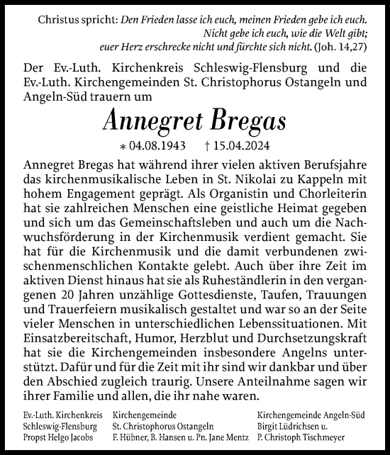 Traueranzeige von Annegret Bregas von Flensburger Tageblatt, Schleswiger Nachrichten, Schlei-Bote