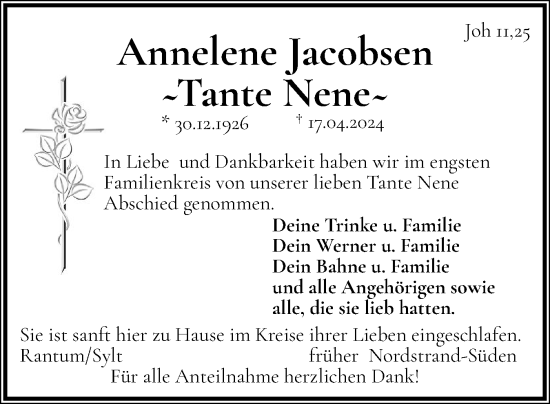 Traueranzeige von Annelene Jacobsen von Sylter Rundschau