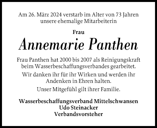 Traueranzeige von Annemarie Panthen von Eckernförder Zeitung, Hallo Eckernförde