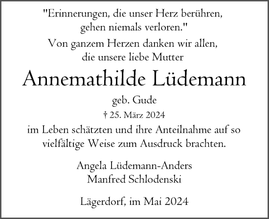 Traueranzeige von Annemathilde Lüdemann von Norddeutsche Rundschau, Wilstersche Zeitung, Glückstädter Fortuna