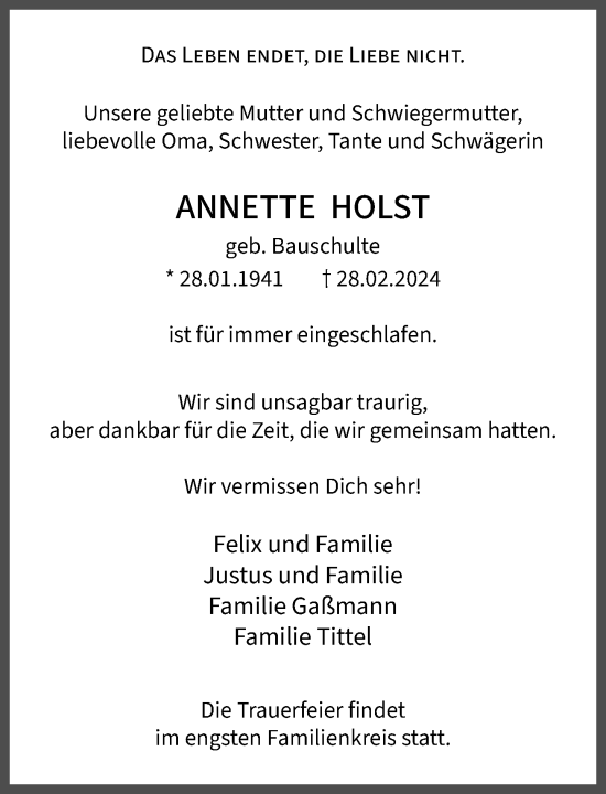 Traueranzeige von Annette Holst von Stormaner Tageblatt