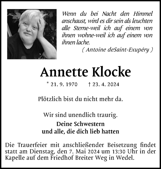 Traueranzeige von Annette Klocke von Wedel-Schulauer Tageblatt, tip Wedel-Schulauer Tageblatt, tip Rissener Rundschau