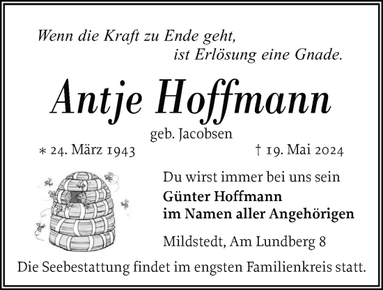 Traueranzeige von Antje Hoffmann von Husumer Nachrichten, Nordfriesland Tageblatt