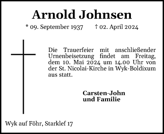 Traueranzeige von Arnold Johnsen von Der Insel-Bote