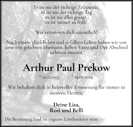 Traueranzeige von Arthur Paul Prekow von Region Pinneberg und tip Pinneberg