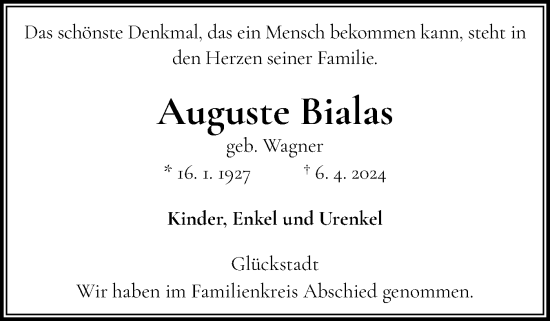 Traueranzeige von Auguste Bialas von Norddeutsche Rundschau, Wilstersche Zeitung, Glückstädter Fortuna