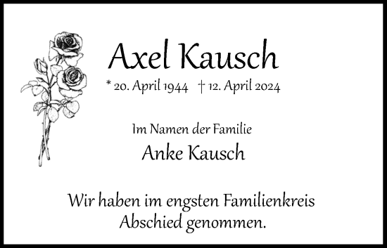 Traueranzeige von Axel Kausch von Uetersener Nachrichten, Der tip am Wochenende