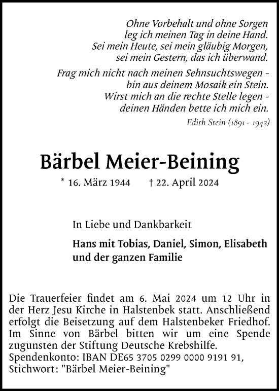 Traueranzeige von Bärbel Meier-Beining von Region Pinneberg und tip Pinneberg