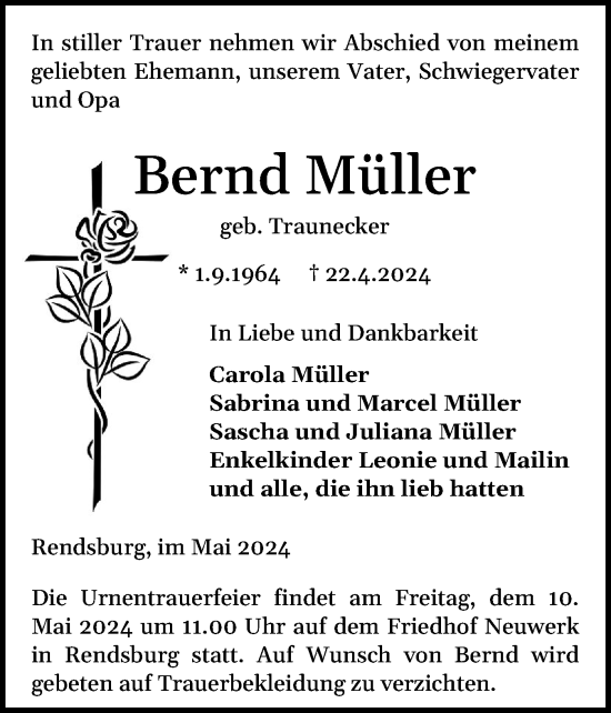 Traueranzeige von Bernd Müller von Schleswig-Holsteinische Landeszeitung