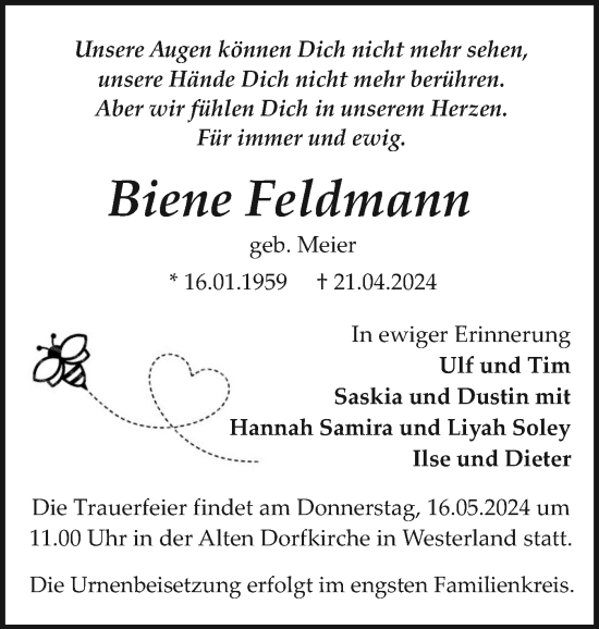 Traueranzeige von Biene Feldmann von Sylter Rundschau