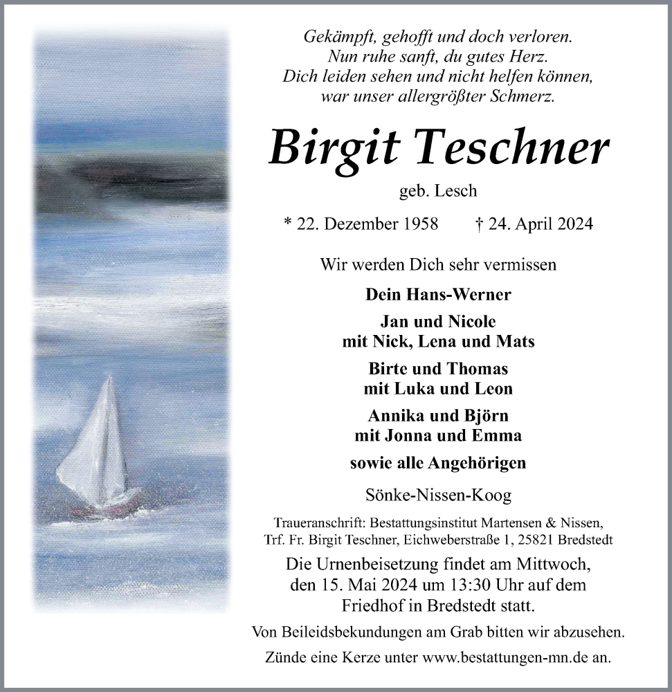  Traueranzeige für Birgit Teschner vom 27.04.2024 aus Husumer Nachrichten, Nordfriesland Tageblatt