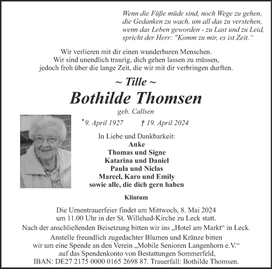 Traueranzeige von Bothilde Thomsen von Husumer Nachrichten, Nordfriesland Tageblatt