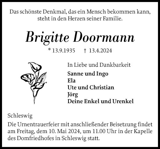 Traueranzeige von Brigitte Doormann von Schleswiger Nachrichten, Schlei-Bote