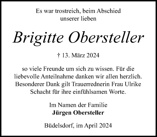 Traueranzeige von Brigitte Obersteller von Schleswig-Holsteinische Landeszeitung