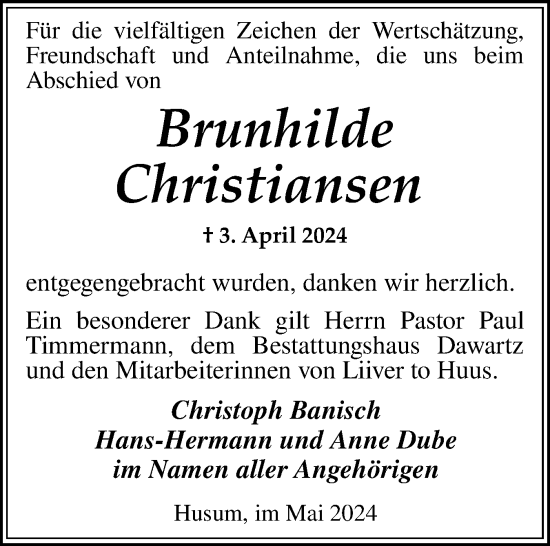 Traueranzeige von Brunhilde Christiansen von Husumer Nachrichten, Nordfriesland Tageblatt