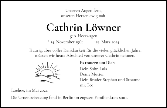 Traueranzeige von Cathrin Löwner von Norddeutsche Rundschau, Wilstersche Zeitung, Glückstädter Fortuna