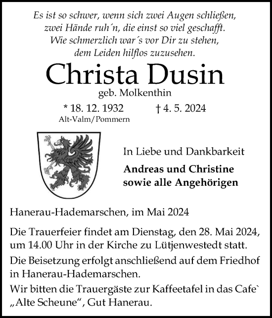 Traueranzeige von Christa Dusin von Schleswig-Holsteinische Landeszeitung