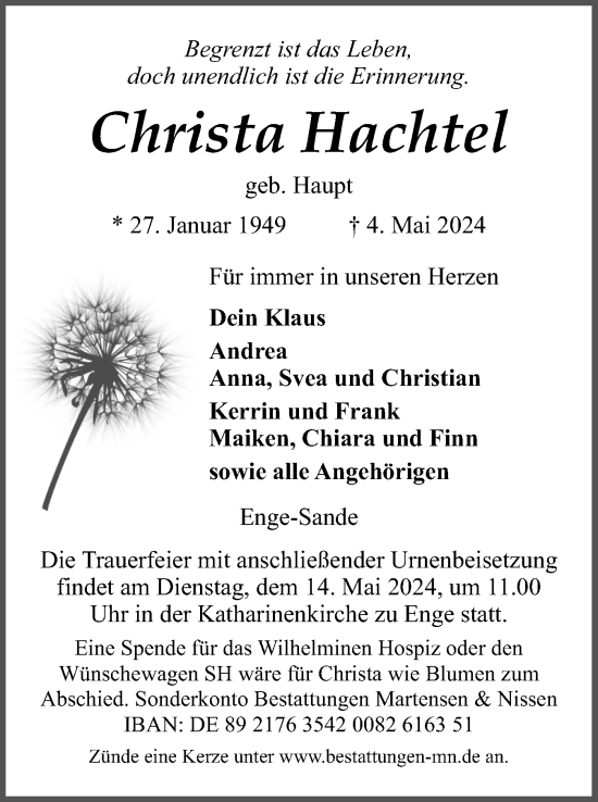 Traueranzeige von Christa Hachtel von Husumer Nachrichten, Nordfriesland Tageblatt