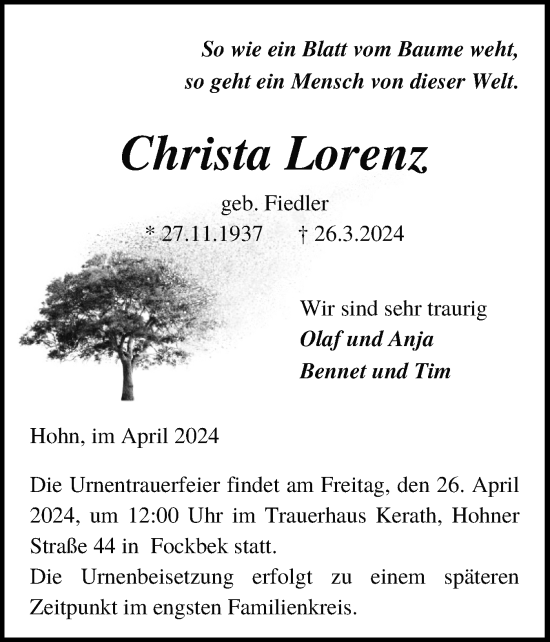 Traueranzeige von Christa Lorenz von Schleswig-Holsteinische Landeszeitung