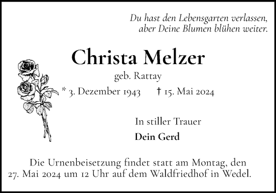 Traueranzeige von Christa Melzer von Wedel-Schulauer Tageblatt, tip Wedel-Schulauer Tageblatt, tip Rissener Rundschau