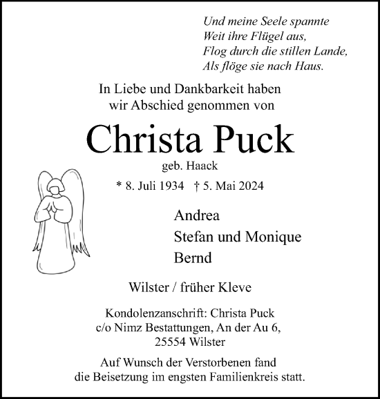 Traueranzeige von Christa Puck von Norddeutsche Rundschau, Wilstersche Zeitung, Glückstädter Fortuna