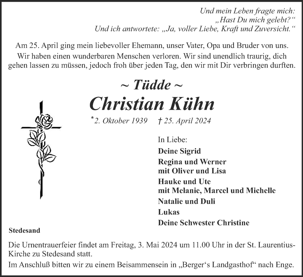  Traueranzeige für Christian Kühn vom 29.04.2024 aus Husumer Nachrichten, Nordfriesland Tageblatt