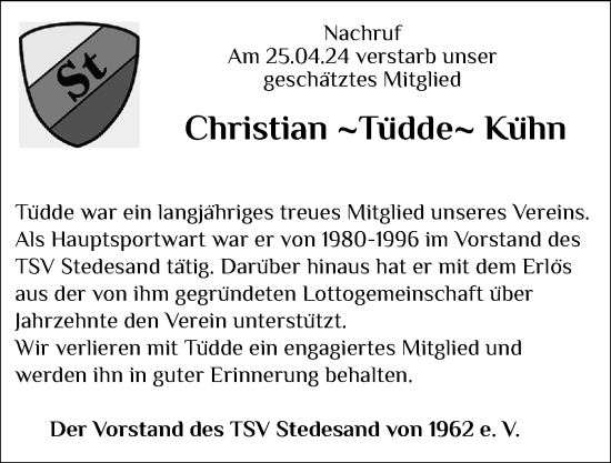 Traueranzeige von Christian Kühn von Husumer Nachrichten, Nordfriesland Tageblatt