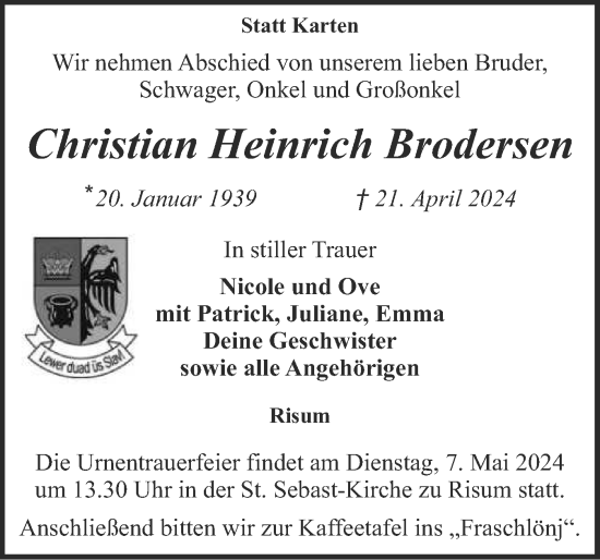 Traueranzeige von Christian Heinrich Brodersen von Husumer Nachrichten, Nordfriesland Tageblatt
